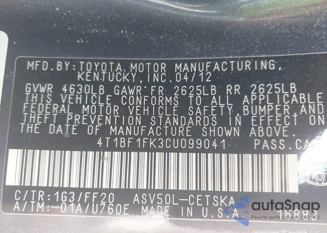 2012 Toyota Camry Se из США, поврежденный, VIN 4T1BF1FK3CU099041